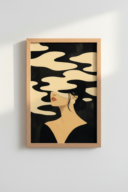 Abstract Portrait | Minimal Beige-Black Palette, Living Room Decor | Modern Poster
