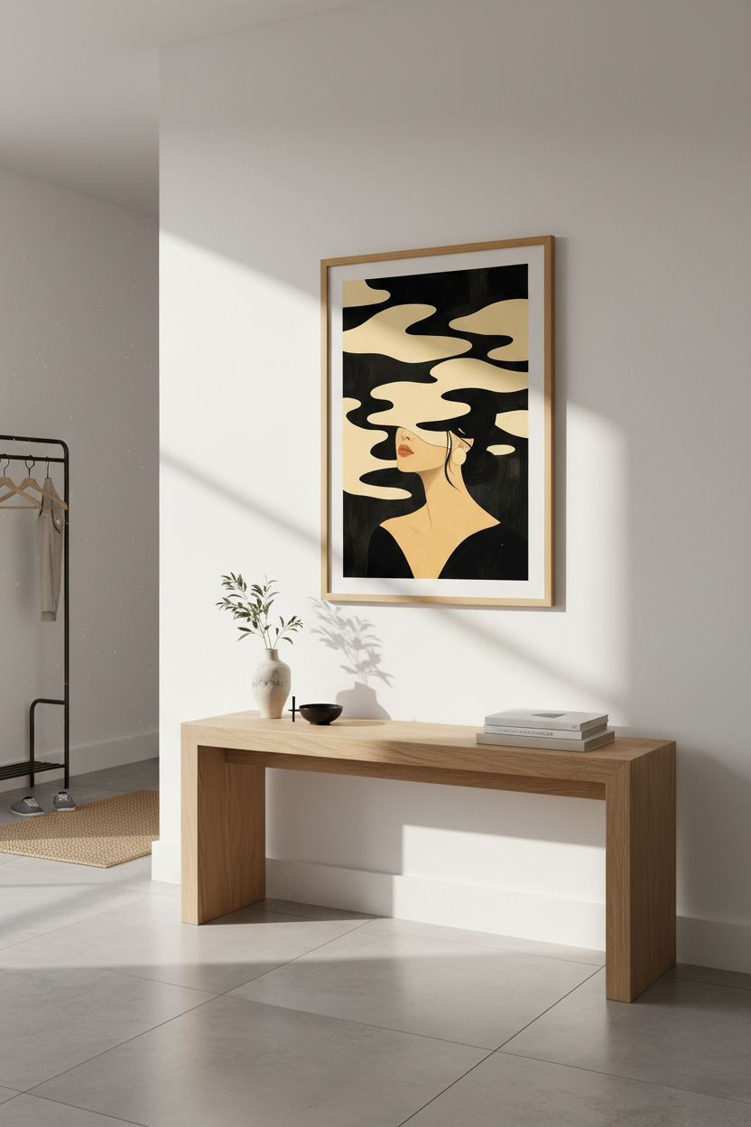 Abstract Portrait | Minimal Beige-Black Palette, Living Room Decor | Modern Poster