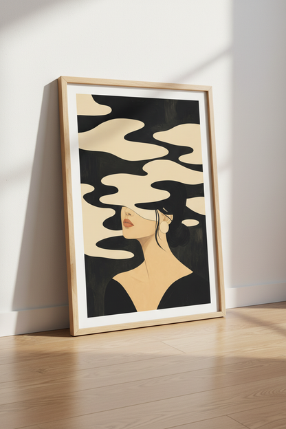 Abstract Portrait | Minimal Beige-Black Palette, Living Room Decor | Modern Poster