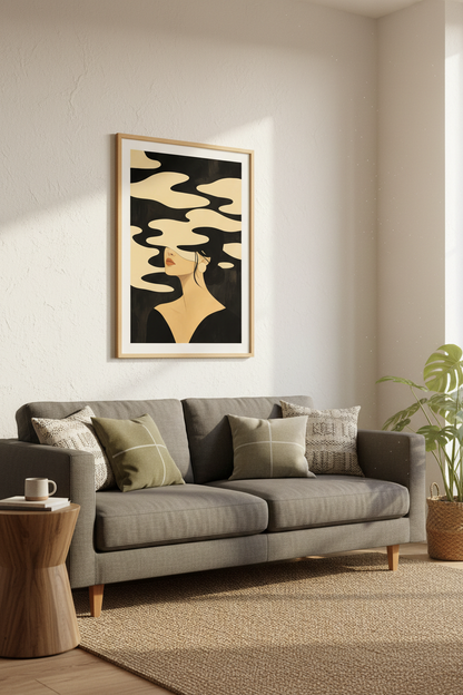 Abstract Portrait | Minimal Beige-Black Palette, Living Room Decor | Modern Poster