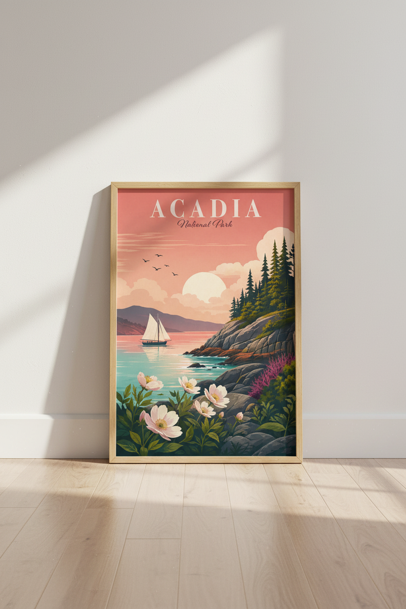 Acadia National Park Art | Vintage Pine &amp; Sailboat Decor | Coastal Maine Poster