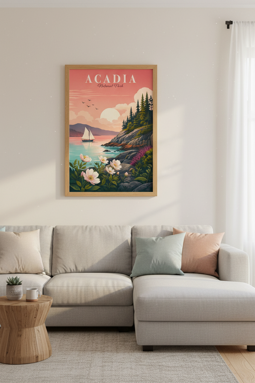 Acadia National Park Art | Vintage Pine &amp; Sailboat Decor | Coastal Maine Poster