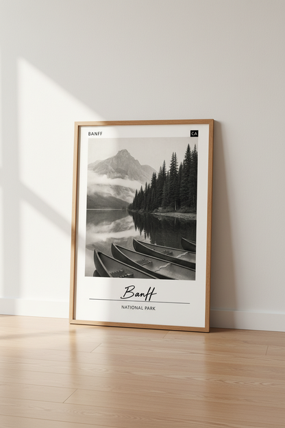 Banff National Park Wall Art | Vintage Lake Landscape, Black and White Poster