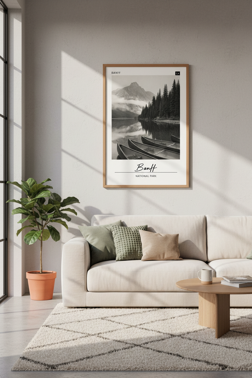 Banff National Park Wall Art | Vintage Lake Landscape, Black and White Poster