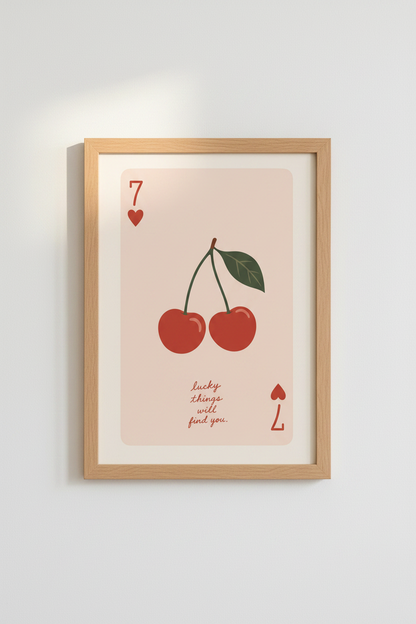Cherry Playing Card Wall Art | Lucky 7 Red Fruit Poster, Retro Dorm Decor