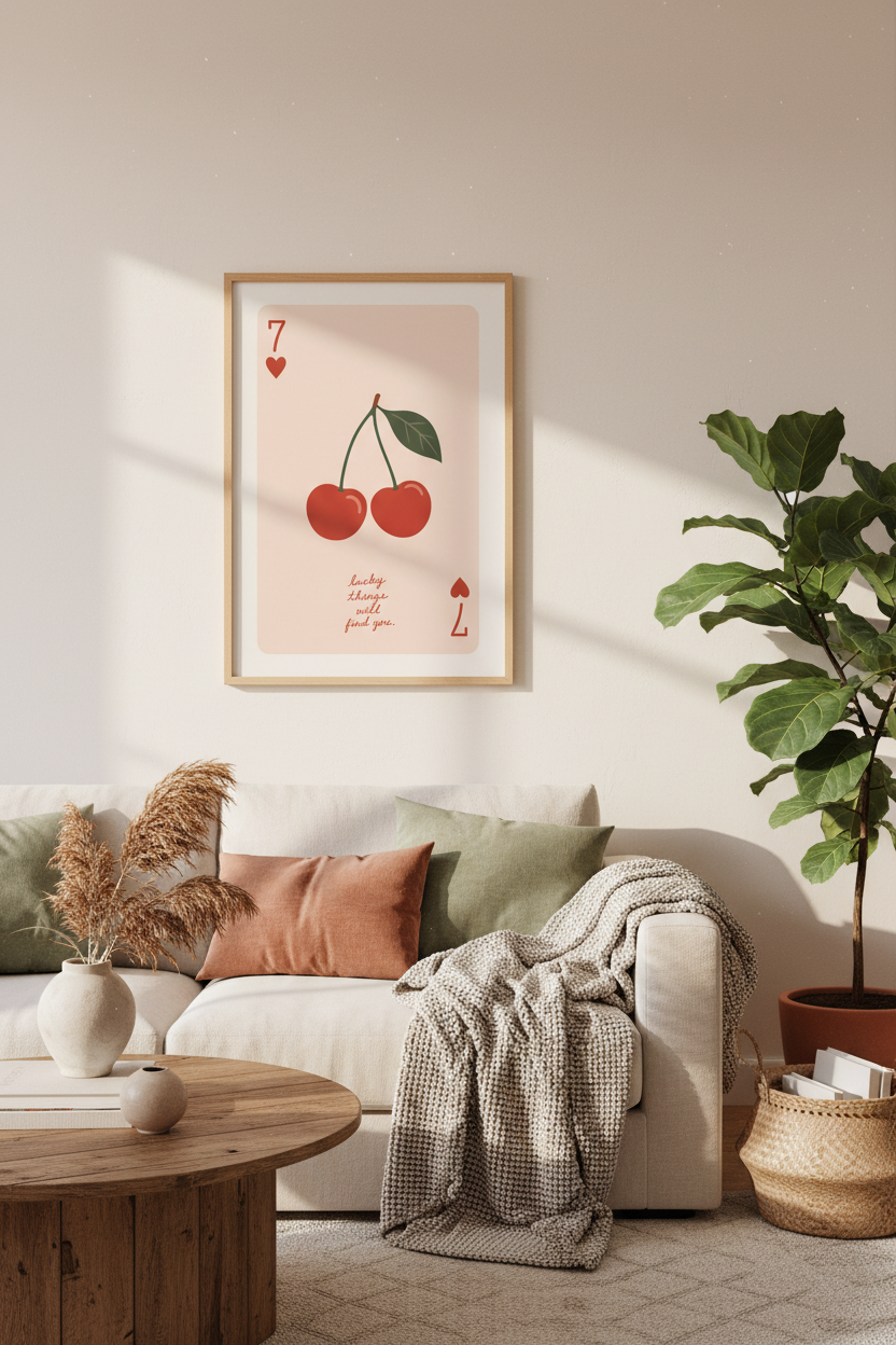 Cherry Playing Card Wall Art | Lucky 7 Red Fruit Poster, Retro Dorm Decor