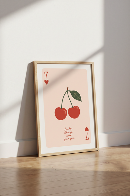 Cherry Playing Card Wall Art | Lucky 7 Red Fruit Poster, Retro Dorm Decor
