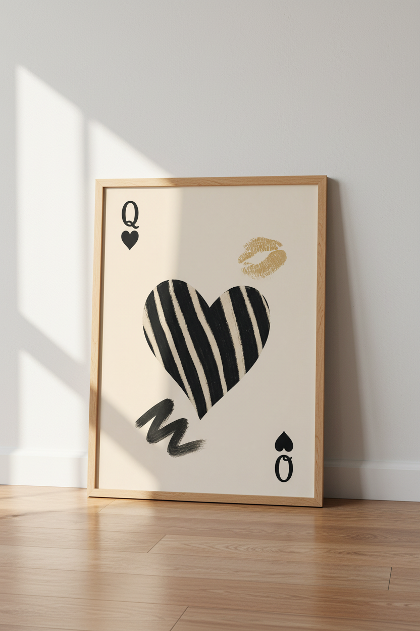 Queen of Hearts Wall Art Print | Glam Playing Card Poster | Chic Bedroom Decor