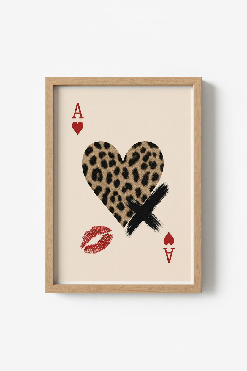 Leopard Heart Poster | Retro Playing Card Wall Art, Red Lip &amp; Cheetah Print Decor