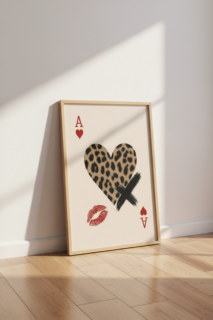 Leopard Heart Poster | Retro Playing Card Wall Art, Red Lip &amp; Cheetah Print Decor