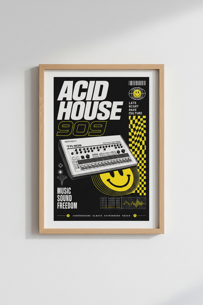Acid House 909 | Retro Techno Rave Poster, Studio Wall Art