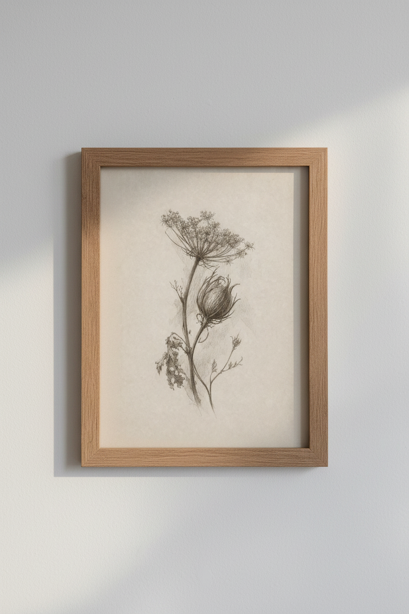 Vintage Botanical Sketch | Wildflower Sepia Drawing, Farmhouse Wall Decor
