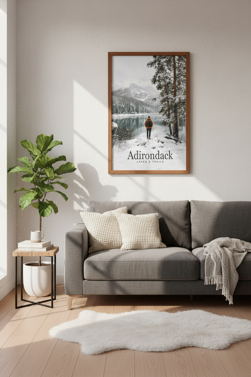 Adirondack Mountains Winter Art | Snowy Lake Landscape, Cabin Decor Poster