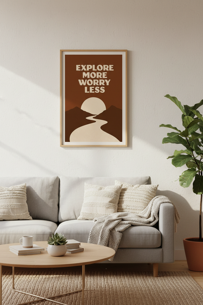Explore More Worry Less Wall Art | Terracotta Boho Landscape | Hiking Poster