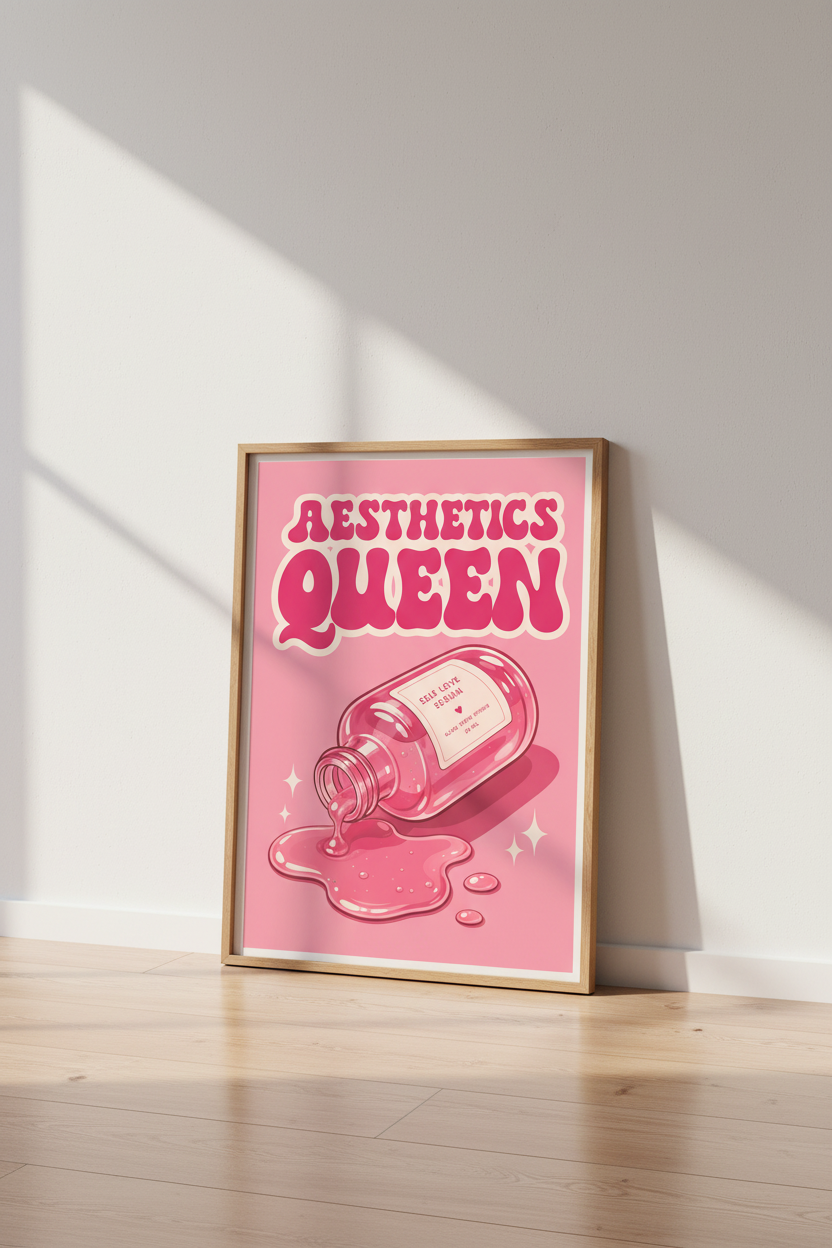 Aesthetics Queen Self Love Serum Art | Pink Preppy Poster, Bedroom Vanity Wall Decor