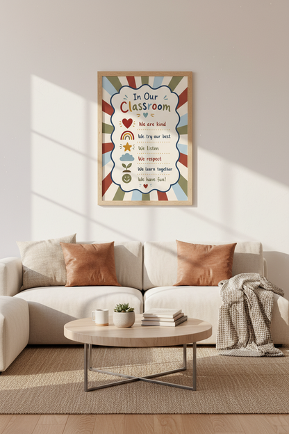 Classroom Rules Wall Art | Boho Muted Sunburst Poster | Teacher Gift Decor