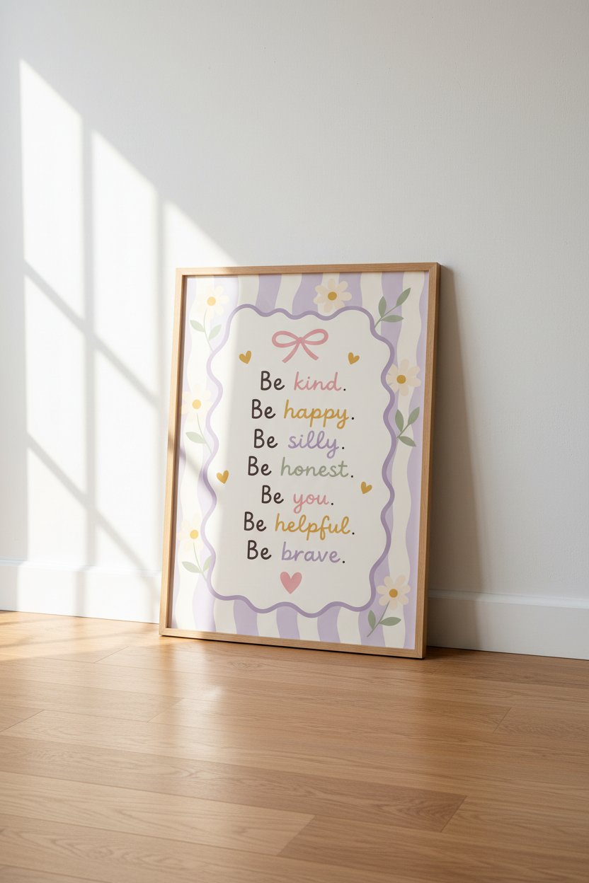 Be Kind Affirmations Wall Art | Lavender Coquette Daisy, Nursery Decor Poster