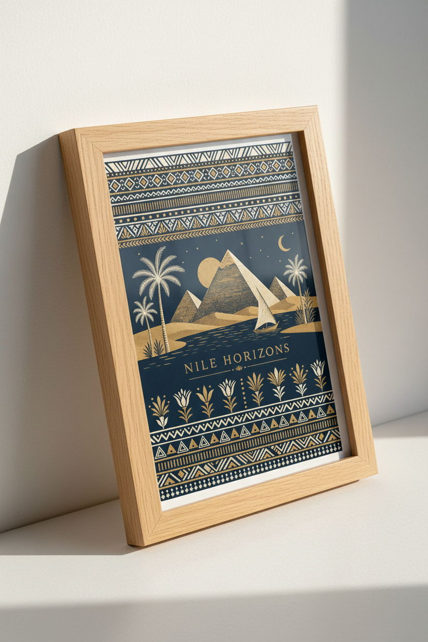 Nile Horizons Egypt Wall Art | Gold Pyramid Poster, Navy Boho Living Room Decor