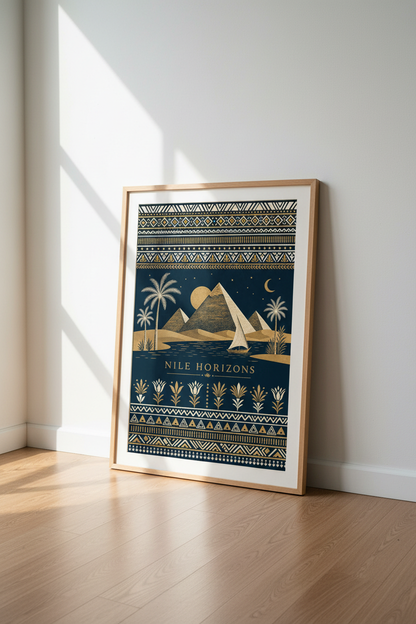 Nile Horizons Egypt Wall Art | Gold Pyramid Poster, Navy Boho Living Room Decor