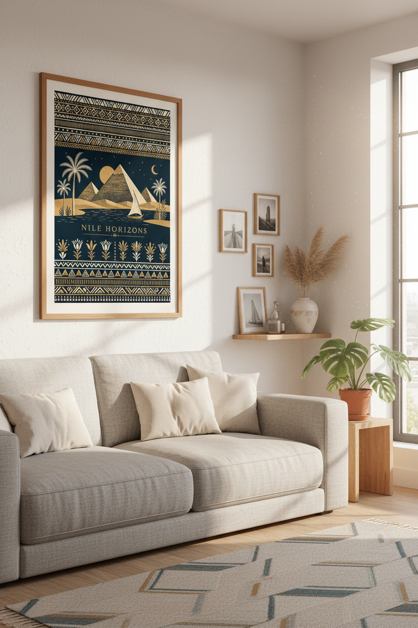 Nile Horizons Egypt Wall Art | Gold Pyramid Poster, Navy Boho Living Room Decor