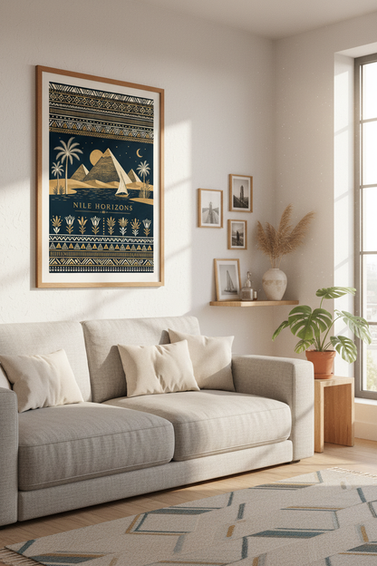 Nile Horizons Egypt Wall Art | Gold Pyramid Poster, Navy Boho Living Room Decor