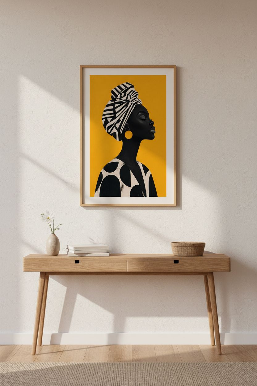 African wall art | Bold silhouette, yellow backdrop | Living room decor