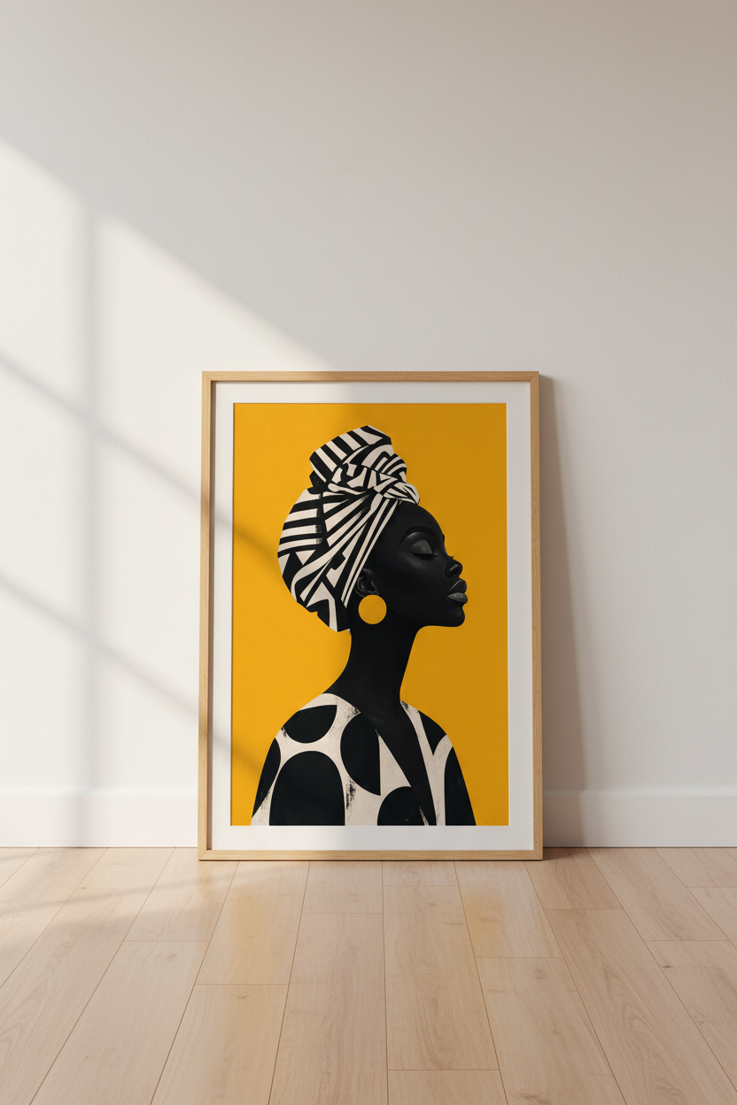 African wall art | Bold silhouette, yellow backdrop | Living room decor