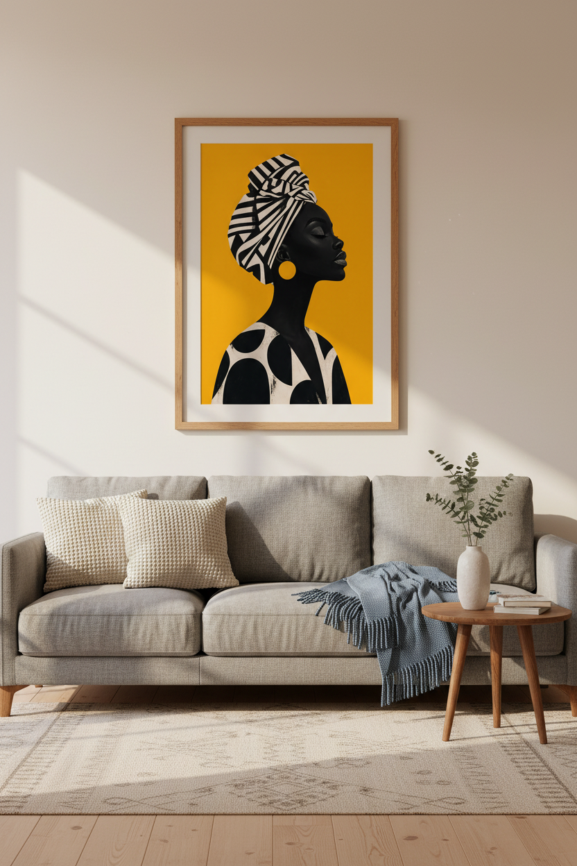 African wall art | Bold silhouette, yellow backdrop | Living room decor