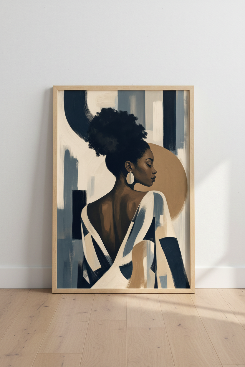Afro portrait art Wall Art Print | Abstract Blues &amp; Beiges, Living Room Poster