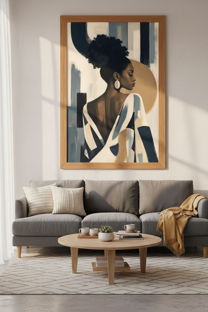 Afro portrait art Wall Art Print | Abstract Blues &amp; Beiges, Living Room Poster