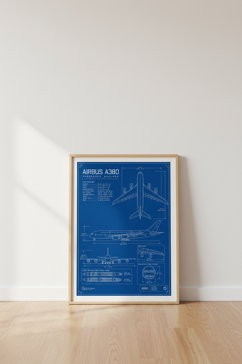 Airbus A380 Blueprint Wall Art | Aviation Office Decor | Technical Poster