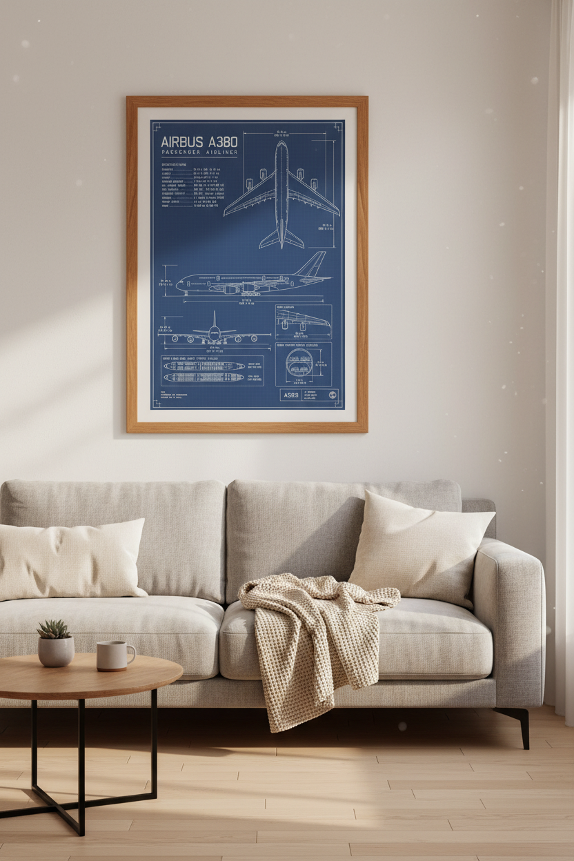 Airbus A380 Blueprint Wall Art | Aviation Office Decor | Technical Poster