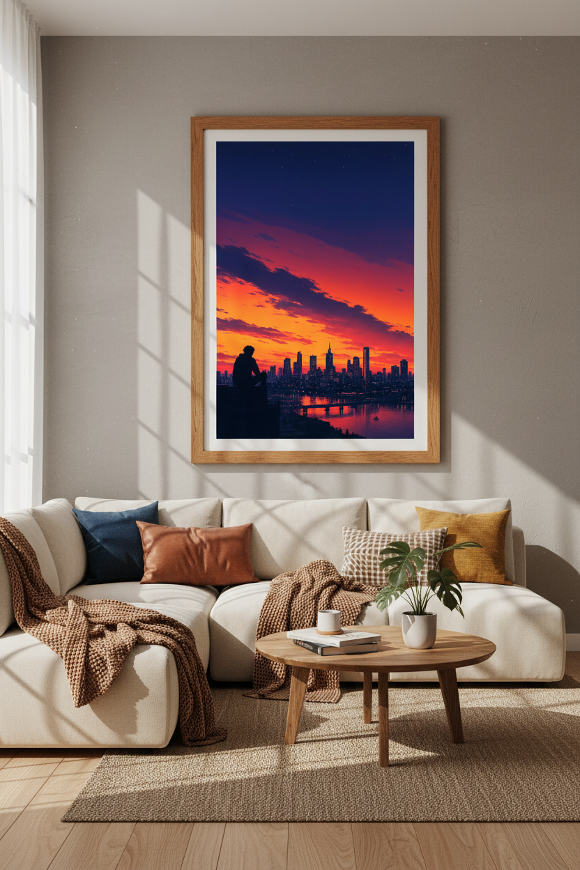 City Sunset Skyline Wall Art | Purple Orange Lofi Poster, Modern Bedroom Decor