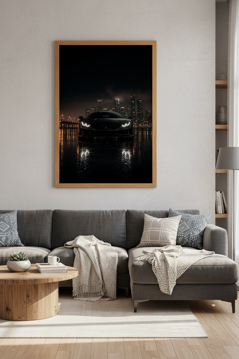 Supercar Night Cityscape Wall Art | Dark Moody Minimalist Poster | Office Decor