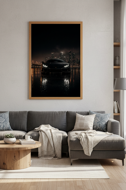 Supercar Night Cityscape Wall Art | Dark Moody Minimalist Poster | Office Decor