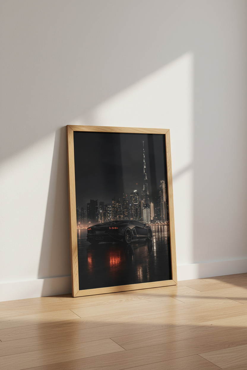 Modern Supercar Dubai Skyline Wall Art | Luxury Car Poster, Mancave Decor