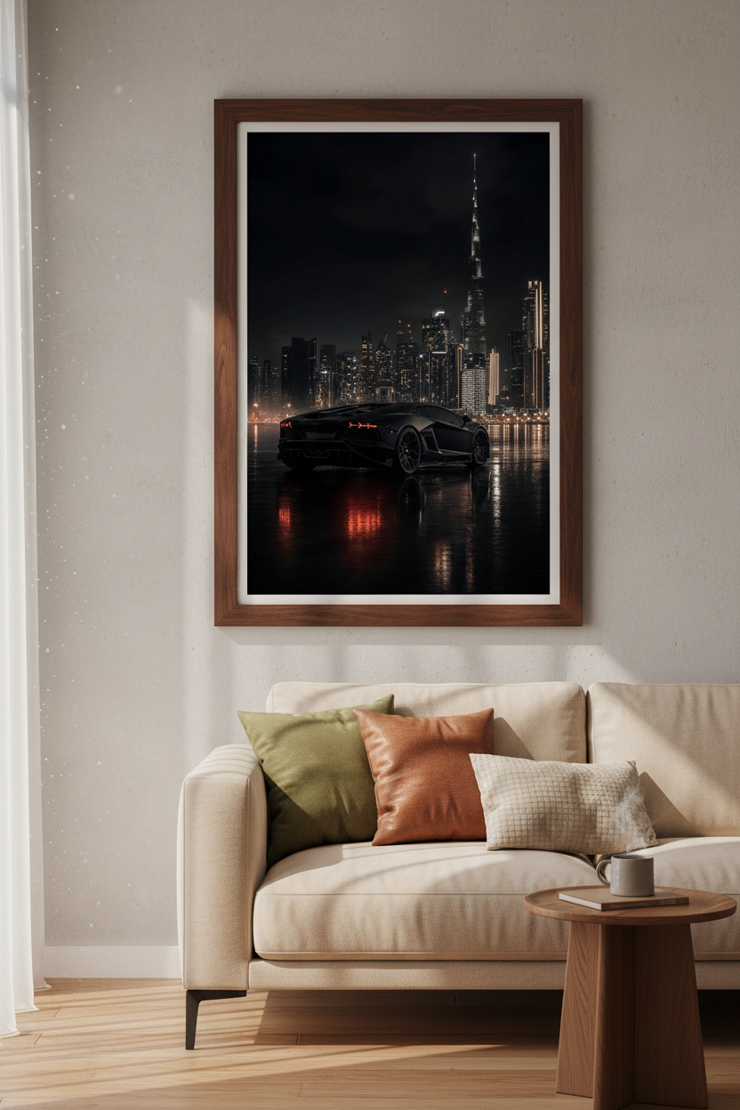 Modern Supercar Dubai Skyline Wall Art | Luxury Car Poster, Mancave Decor