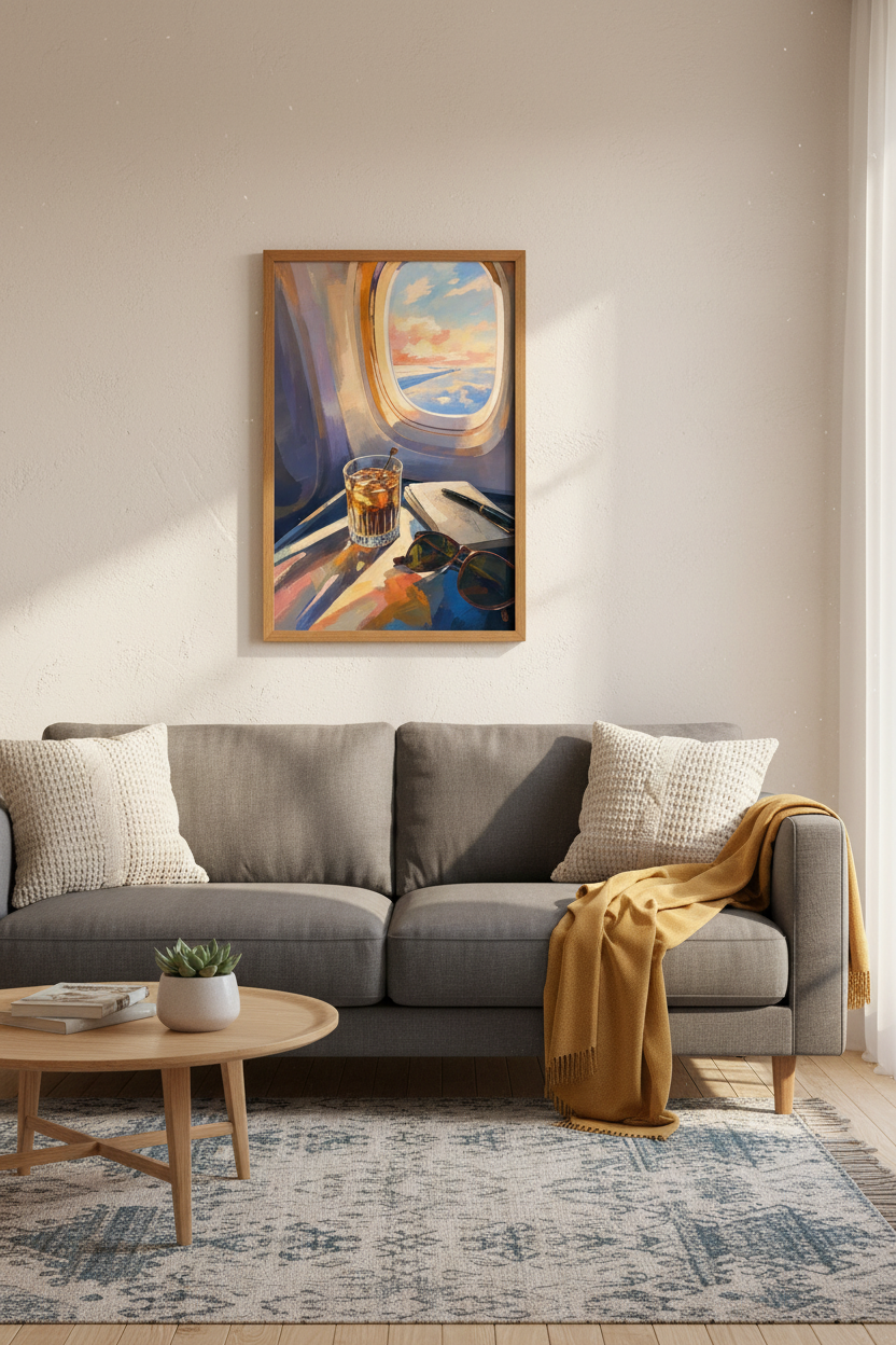 Airplane Window View Wall Art | Impressionist Travel Poster, Sunset Home Office Decor