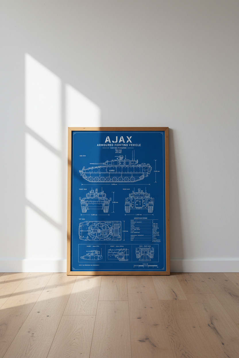 Ajax AFV Blueprint Wall Art | British Tank Technical Poster, Office Decor