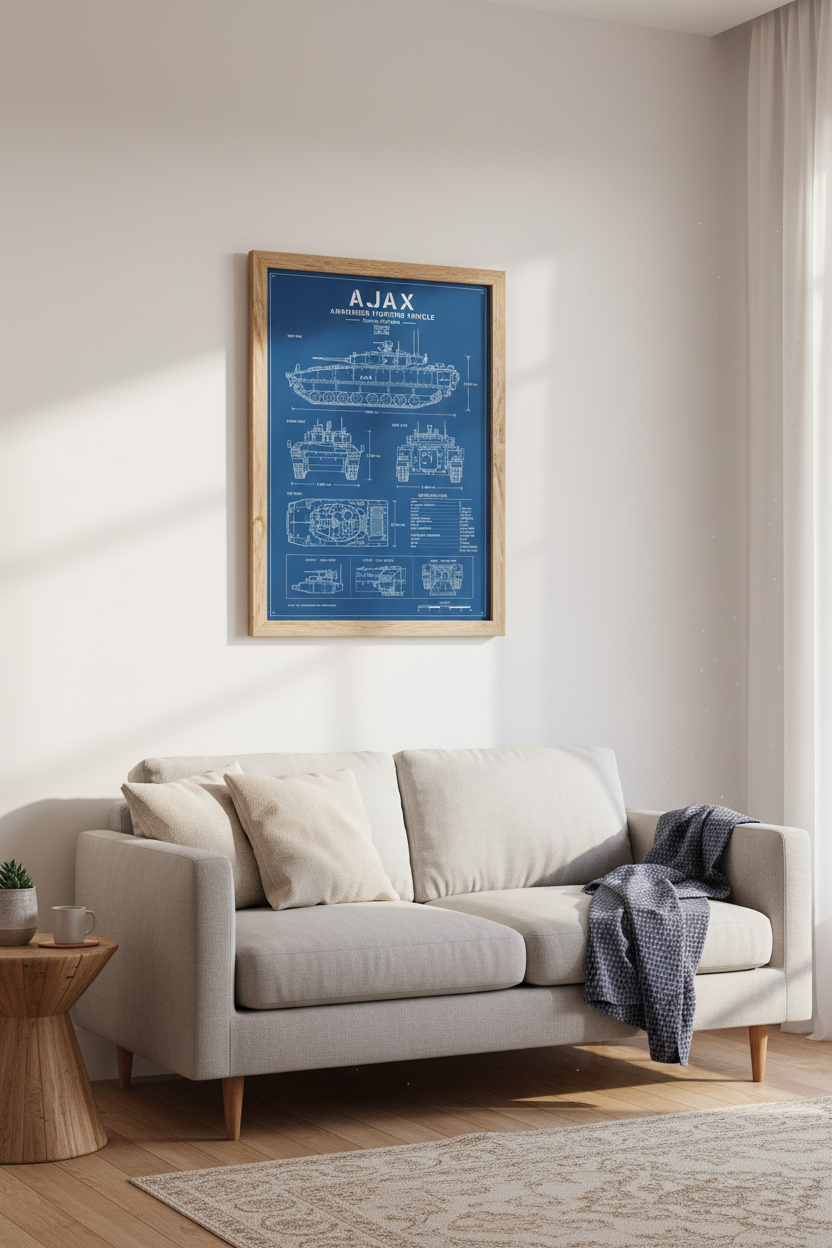 Ajax AFV Blueprint Wall Art | British Tank Technical Poster, Office Decor