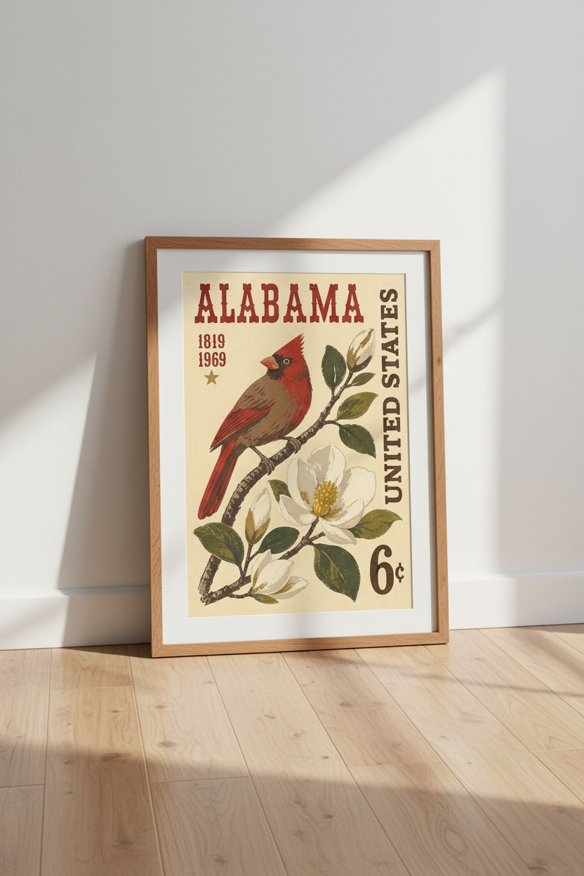 Alabama Cardinal Stamp Wall Art | Vintage Bird Poster | Farmhouse Decor