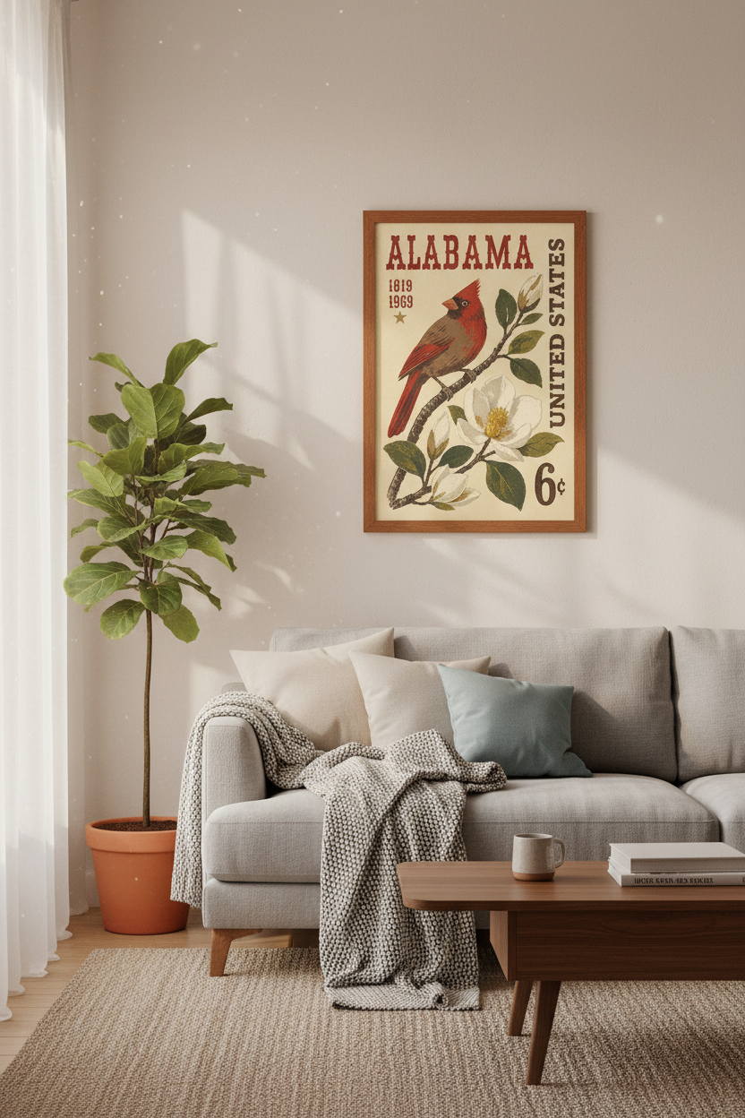Alabama Cardinal Stamp Wall Art | Vintage Bird Poster | Farmhouse Decor
