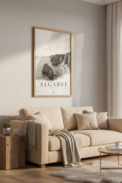 Algarve Portugal Wall Art | Black and White Coast Decor | Minimalist Travel Poster