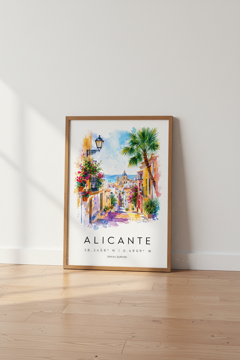 Alicante Spain Watercolor Art | Mediterranean Travel Poster | Coastal Home Decor
