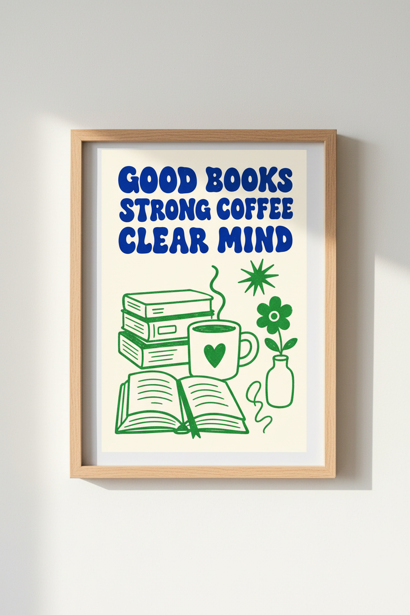 Retro Bookish Wall Art | Blue and Green Coffee &amp; Books Poster | Cozy Reading Nook Decor