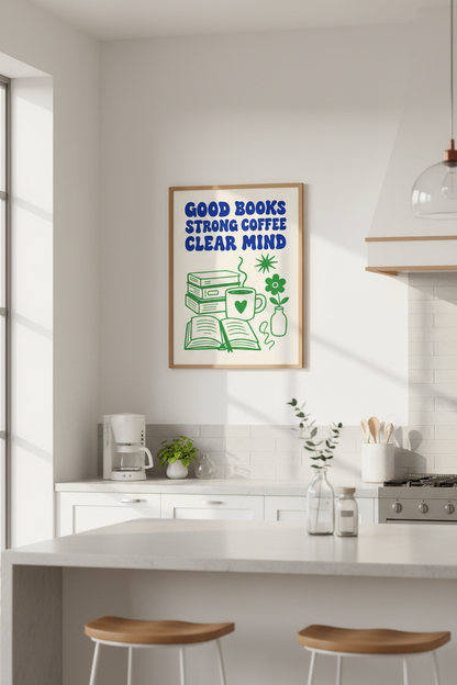 Retro Bookish Wall Art | Blue and Green Coffee &amp; Books Poster | Cozy Reading Nook Decor