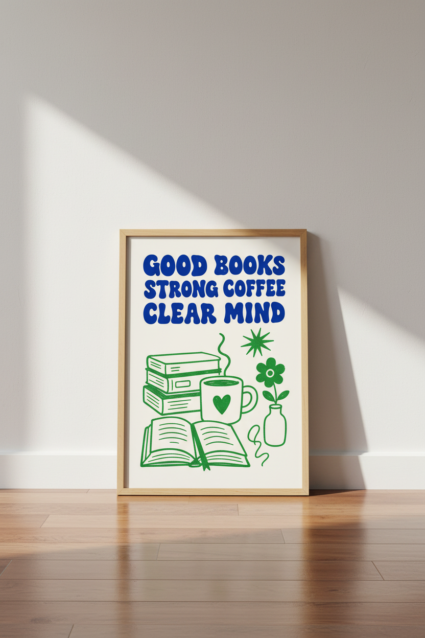 Retro Bookish Wall Art | Blue and Green Coffee &amp; Books Poster | Cozy Reading Nook Decor