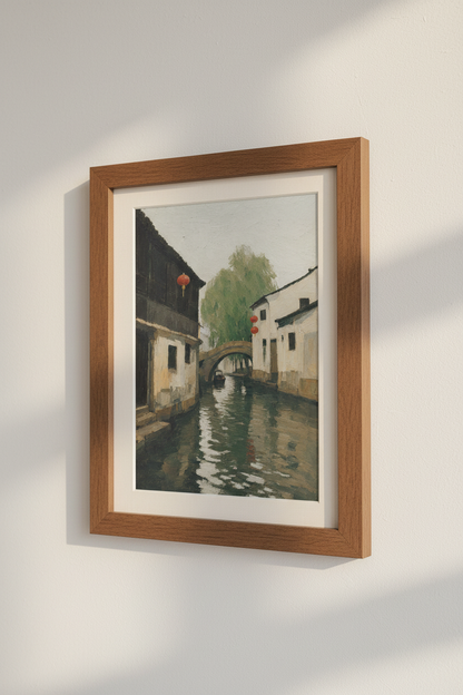 Chinese Water Town Oil Painting | Impressionist Canal Art, Red Lantern Decor