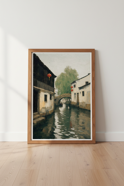 Chinese Water Town Oil Painting | Impressionist Canal Art, Red Lantern Decor