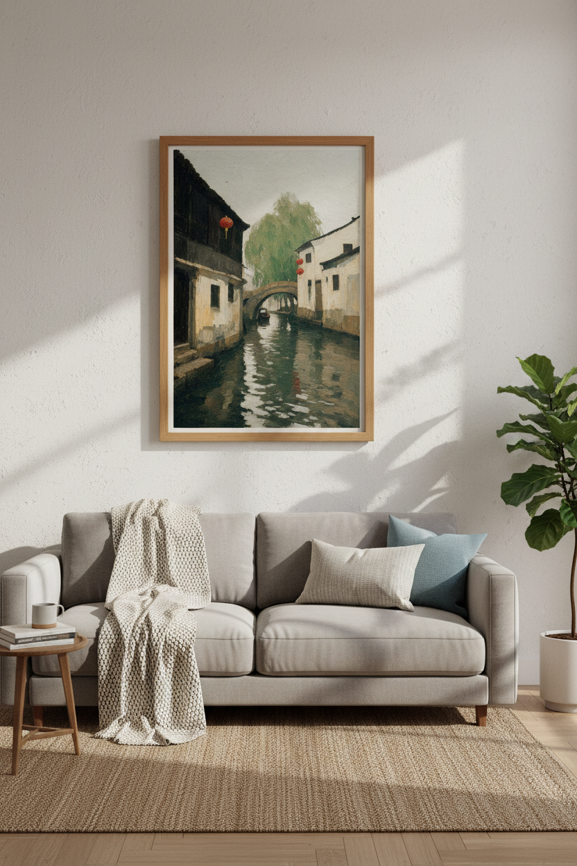 Chinese Water Town Oil Painting | Impressionist Canal Art, Red Lantern Decor